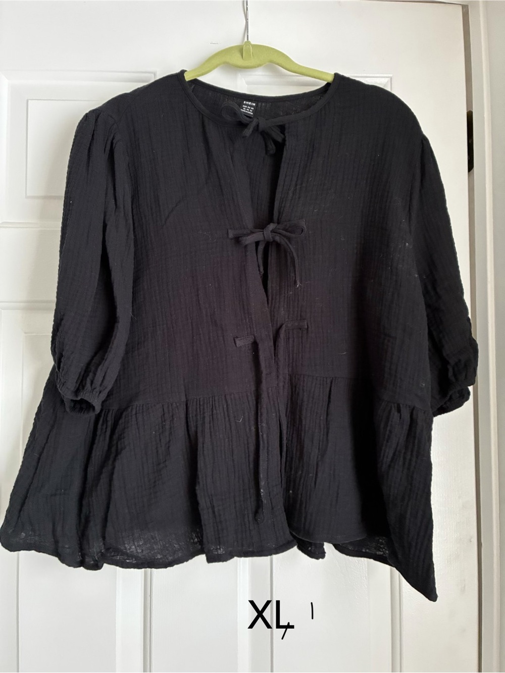 Black Tie-Front Peasant Blouse - Unbranded